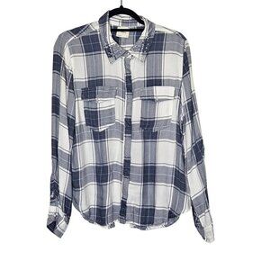Harper Womens Blue Plaid Long Sleeve‎ Button-Up Shirt Pearl Accents Roll Tab L